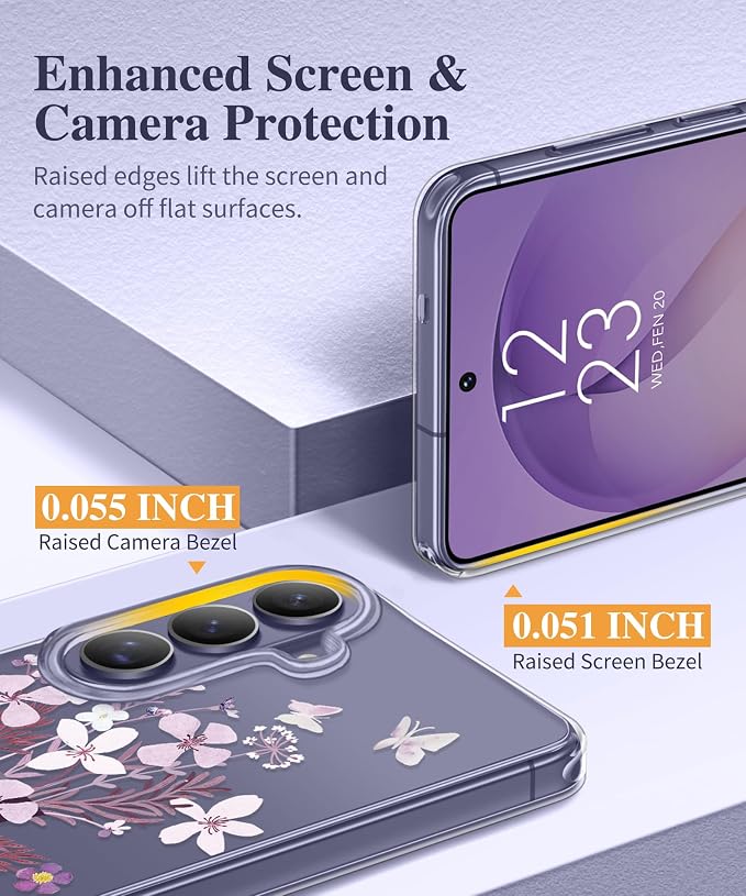 GVIEWIN for Samsung Galaxy S26 Case, Clear Floral Slim Shockproof Protective Women Phone Case, Non-Yellowing, with Screen Protector & Camera Lens Protector for Galaxy S26 6.3", Vase/Purple
