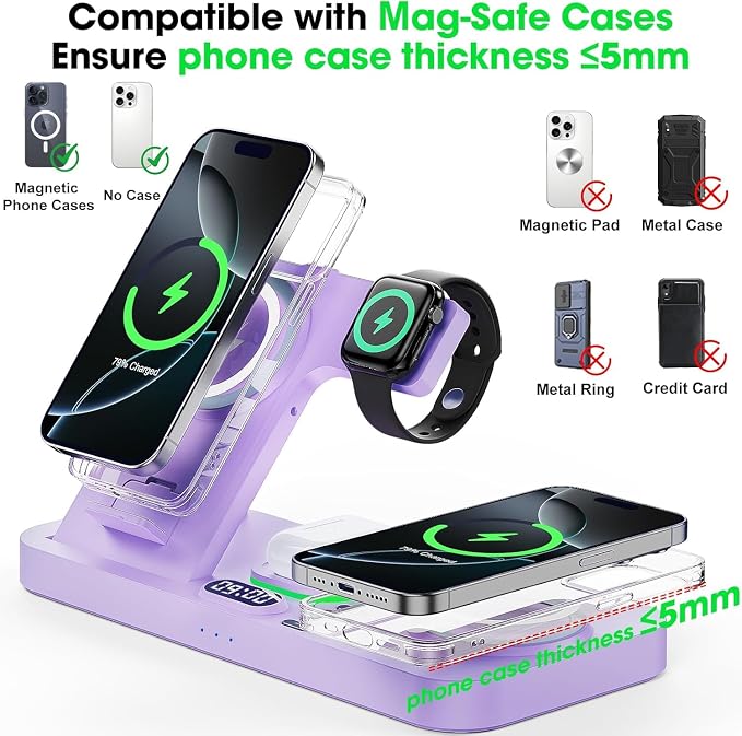 Dual Phone Wireless Charging Station for Apple Devices, Magnetic Charging Station for iPhone with Auto Switch 7-Color Light&Clock, Family Watch Charger for iPhone17 for iWatch11 for AirPods Pro3(Lilac
