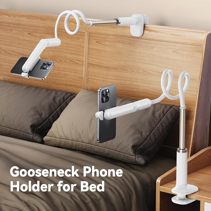 Gooseneck Phone Holder for Bed, Universal Cell Phone Stand with Clamp Mount, 900° Rotation Overhead Phone Mount with Flexible Long Arm for Bedside,Headboard,Desk (43.3 Inches Length)