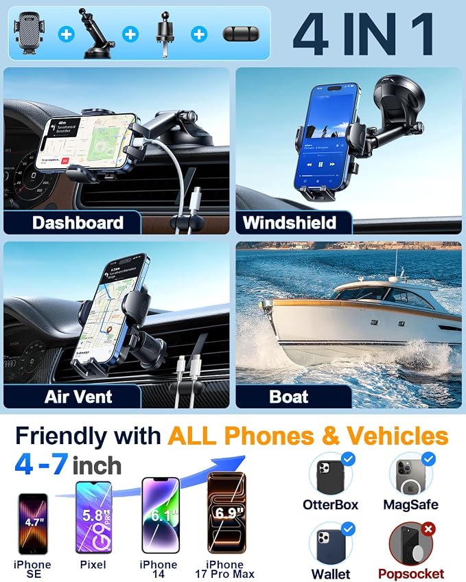 YRU True Military-Grade [360° Rotation Suction] 2026 Ultimate Car Phone Holder Mount【90+LBS Safest Strongest & Patent Certs】Dashboard Windshield Vent for iPhone 17 16 Pro Max Video Dash Mounting Kits