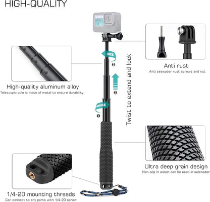 GEPULY Short Selfie Stick Pole Waterproof Hand Grip Adjustable Underwater Monopod for GoPro Hero 13 12 11 10 9 8 7 6 5 AKASO DJI OSMO 6 5 Pro Action Camera Black