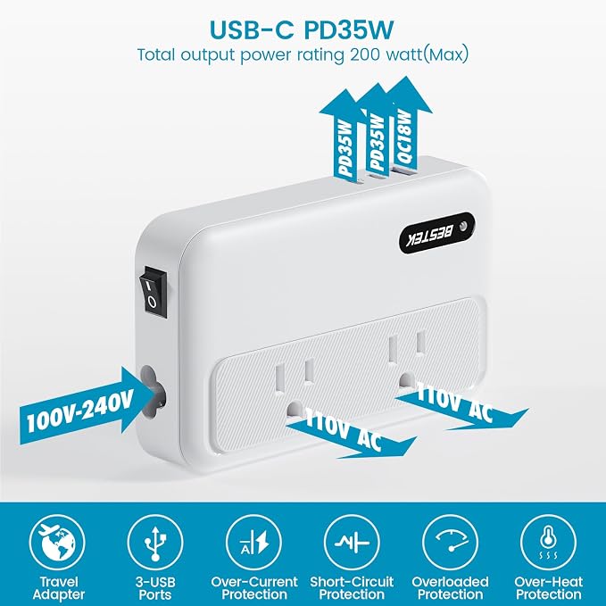 BESTEK 220V to 110V Converter with USB-C 35W, US to Europe Power Converter | with AU/EU/UK/India/South Africa Plug Adapter