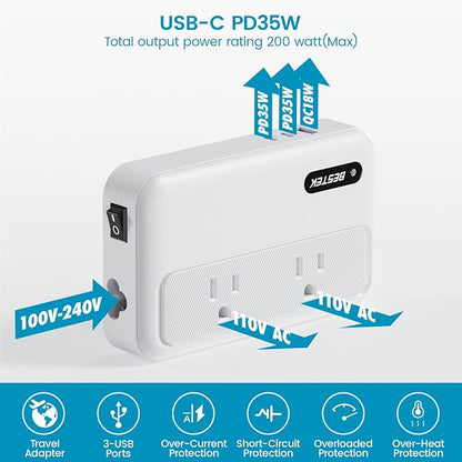 BESTEK 220V to 110V Converter with USB-C 35W, US to Europe Power Converter | with AU/EU/UK/India/South Africa Plug Adapter