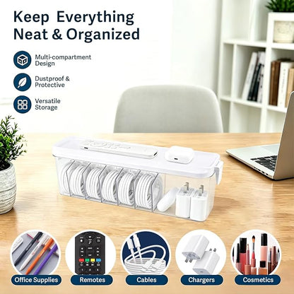 TexHome 2 Pcs Charger Cable Organizer Box with Lid Plastic Cord Storage Box with Wire Ties, Electronics Cord Organizer for Home Drawer Office Desk Accessories Storage