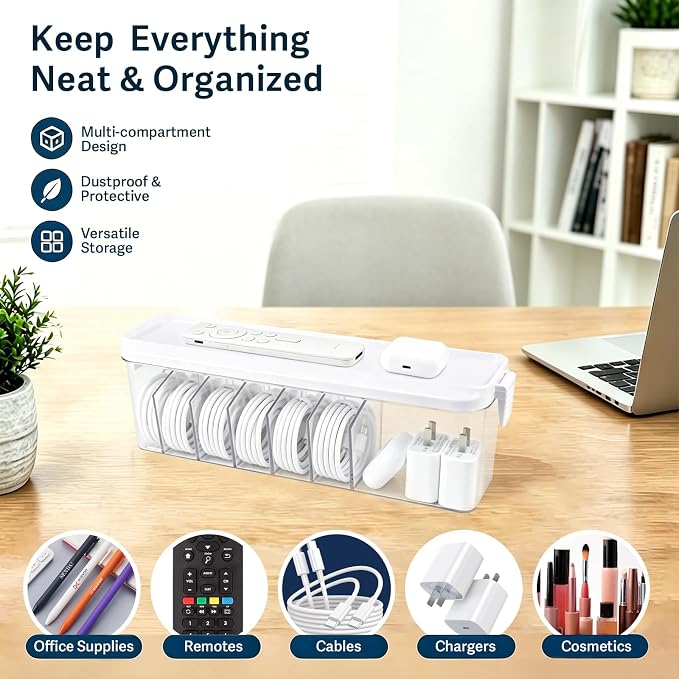 TexHome Charger Cable Organizer Box with Lid Plastic Cord Storage Box with Wire Ties, Electronics Cord Organizer for Home Drawer Office Desk Accessories Storage