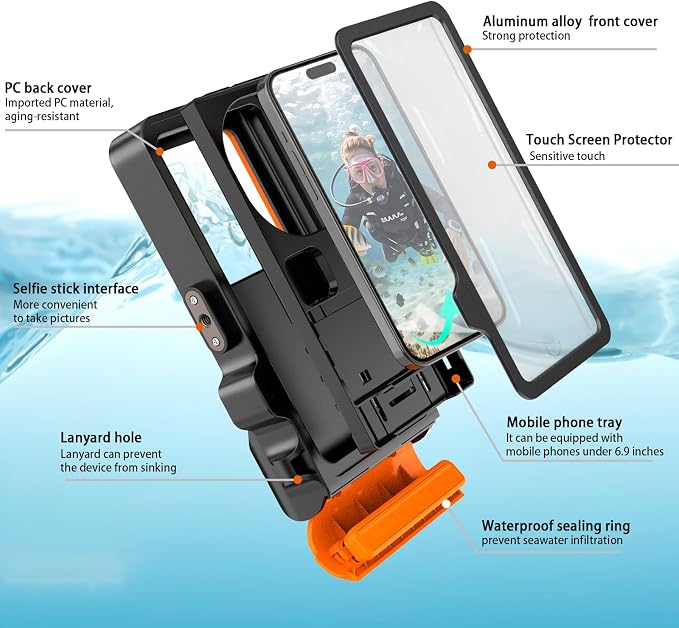 Waterproof Phone Case for Snorkeling & Diving (33ft/10m), IP68 Waterproof Hard Case for Swimming, Universal Underwater Touch Screen Case Compatible with iPhone (Orange, 4th Generation Phone Case)