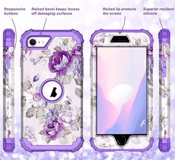 Hocase for iPhone SE 2022/2020 Case, Heavy Duty Shockproof Protection Hard Plastic+Silicone Rubber Hybrid Protective Case for iPhone SE 3rd/2nd Generation (4.7") - Lavender Flowers
