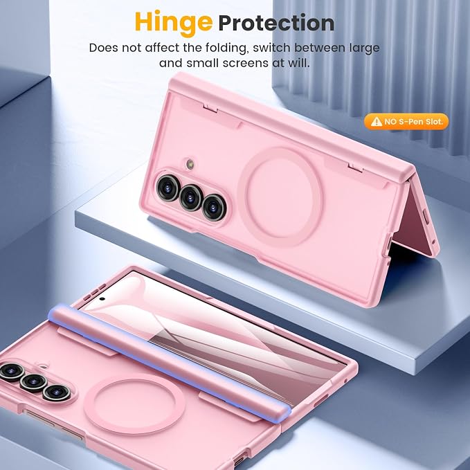 Caka Magnetic for Samsung Galaxy Z Fold 7 Case with Hinge Protection Pink | Compatible with MagSafe, Built-in Outer Screen Protector, Hinge Guard, Translucent Matte Back, 360° Hybrid Drop Defense