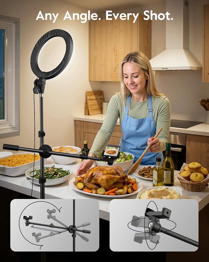 Tripod for iPhone with Light & Phone Holder - 10.5'' Ring Light with Stand - Second Arm with Overhead Phone Mount, Fast-Adjust Bamboo-Flex Stand & Remote for Content Creators, Video Recording