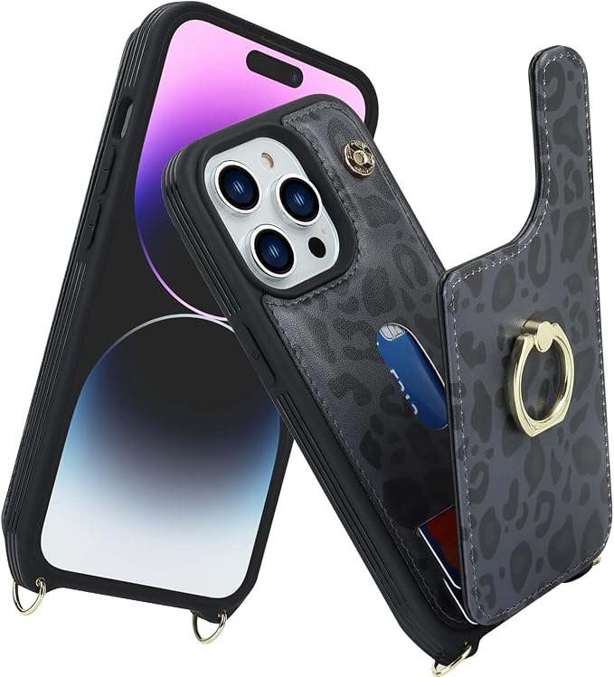Lipvina for iPhone 14 Pro Case with Card Holder for Women,Phone Case with Strap,Crossbody Lanyard,RFID Blocking,Ring Stand,Snap Clasp,Cute Wallet Case 6.1 inch(Black Leopard)