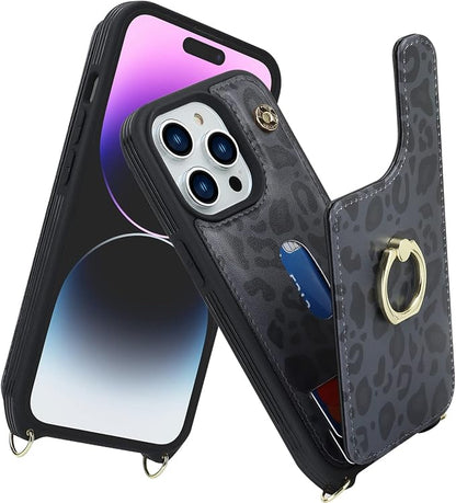 Lipvina for iPhone 14 Pro Case with Card Holder for Women,Phone Case with Strap,Crossbody Lanyard,RFID Blocking,Ring Stand,Snap Clasp,Cute Wallet Case 6.1 inch(Black Leopard)