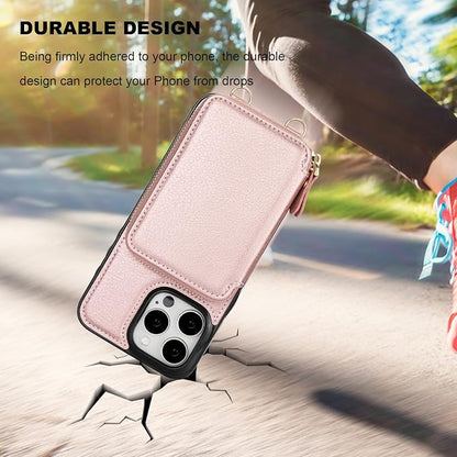 Bocasal RFID Blocking Wallet Case for iPhone 15 Pro Max, Adjustable Crossbody Zipper Purse Case Card Holder with Kickstand Detachable Wrist Strap, PU Leather Flip Folio Case 6.7 Inch 5G (Rose Gold)