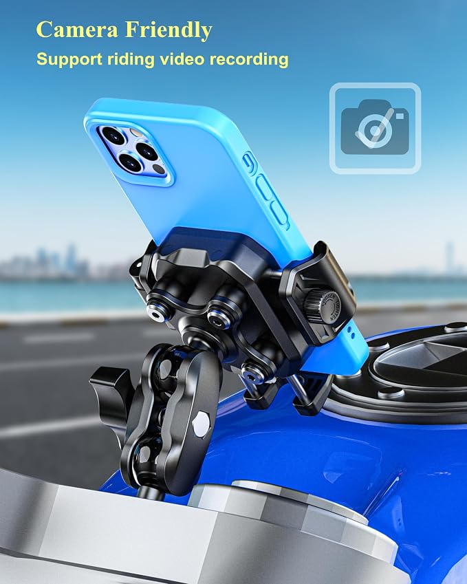BRCOVAN Anti-Theft Motorcycle Fork Stem Phone Mount Holder with Vibration Dampener [1s Lock] [Camera Friendly] Adjustable Size Mobile Phone Cradle Fit 5.4-7.2" Cellphones