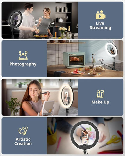 UBeesize 12" Ring Light with Overhead Phone Mount, Selfie Light with Stand,62" Tripod for iPhone with Light and Phone Holder for Video Recording,Cooking,Photography,Live Streaming,Tiktok,YouTube