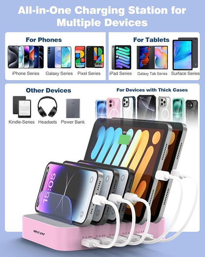 MSTJRY Charging Station for Multiple Devices : 5 Port Multi USB-A Charger Stations Multi-Device Organizer Charging Dock Designed for iPhone iPad Cell Phone Tablets (7 Short Cables Included), Pink