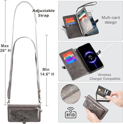Lacass for iPhone 16 Pro Case Wallet,[Cards Theft Scan Protection] Card Holder Zipper Leather Flip Cover Crossbody Wrist Strap with Stand (Floral Gray)