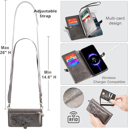 Lacass for iPhone 16e/17e Case Wallet,[Cards Theft Scan Protection] Card Holder Zipper Leather Flip Cover Crossbody Wrist Strap with Stand (Floral Gray)