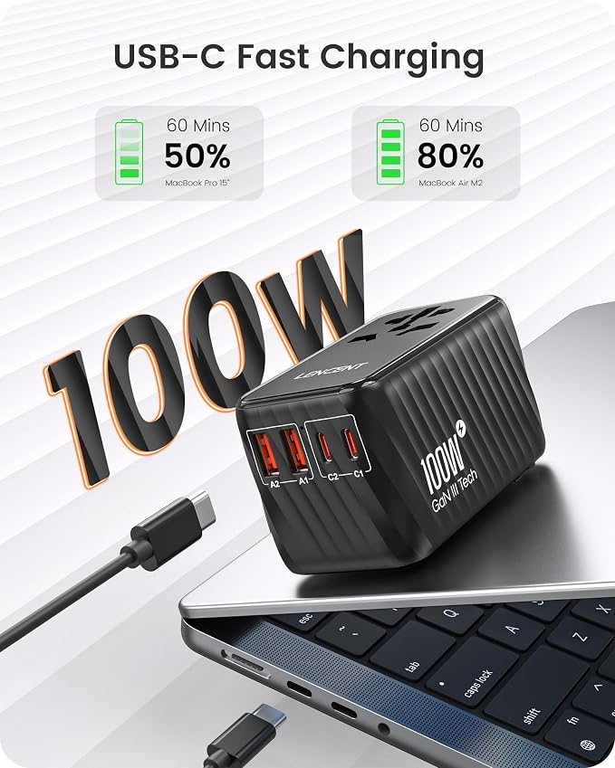 LENCENT Universal Travel Adapter, 100W GaN International Fast Charger | with 2 PD3.0 Type C+2 USB A, Worldwide Power Adaptor for Phones,Laptops, All in One Travel Essentials for EU/USA/UK/AU, Black