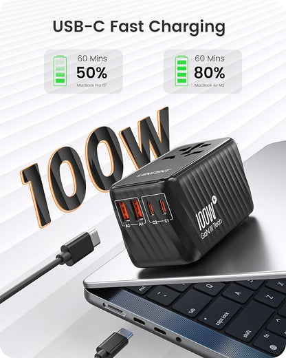 LENCENT Universal Travel Adapter, 100W GaN International Fast Charger | with 2 PD3.0 Type C+2 USB A, Worldwide Power Adaptor for Phones,Laptops, All in One Travel Essentials for EU/USA/UK/AU, Black