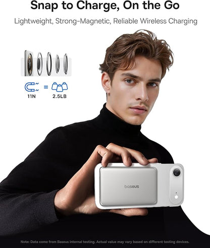 Baseus Picogo Power Bank, 0.3" Ultra Slim 5000mAh MagSafe Battery Pack, Update Polished Alloy Magnetic Portable Charger, Wireless Charger with USB-C Cable for iPhone 17 Pro Max/17 Air/16/15/14/13/12
