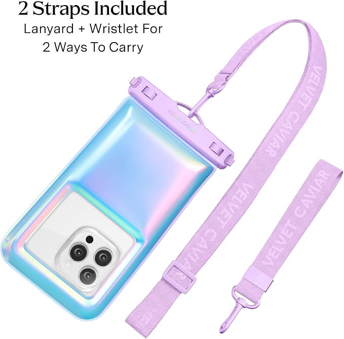 VELVET CAVIAR Waterproof Phone Pouch with Lanyard | IP68 Floating Case for iPhone & All Phones | Dry Bag for Snorkeling, Beach, Kayaking | Travel & Cruise Essentials for Women (Lavender Holo)