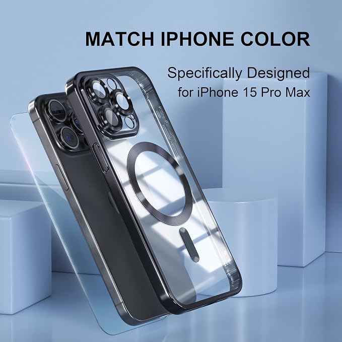 Misea Magnetic for iPhone 15 Pro Max Case with MagSafe [Never Yellowing] [Military Grade Drop Protection] Full Camera Lens Protector Plating Soft Clear Phone Case for Women Girls, Black