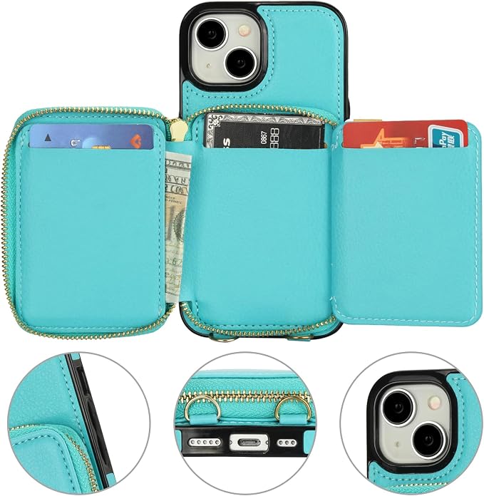 Bocasal RFID Blocking Wallet Case for iPhone 15, Adjustable Crossbody Zipper Purse Case Card Holder with Kickstand Detachable Wrist Strap, PU Leather Flip Folio Case 6.1 Inch 5G (Mint Green)