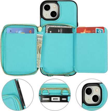 Bocasal RFID Blocking Wallet Case for iPhone 15, Adjustable Crossbody Zipper Purse Case Card Holder with Kickstand Detachable Wrist Strap, PU Leather Flip Folio Case 6.1 Inch 5G (Mint Green)