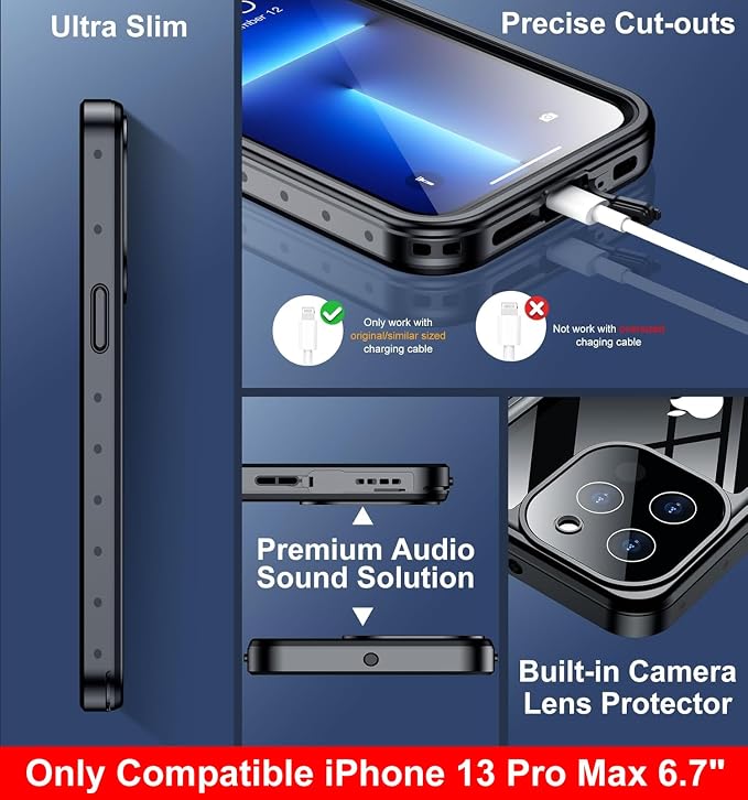 SPIDERCASE Only Designed for iPhone 13 Pro Max Case Waterproof, Built-in Lens & Screen Protector, Full Heavy Duty Protection, 12FT Military Shockproof, Dustproof, Anti-Scratched Phone Case,Black