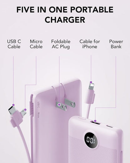 VRURC Portable Charger, Power Bank Built-in Cables and AC Wall Plug | USB C Power Bank 10000mAh Travel Essentials Phone Charger Compact External Battery Pack For Smart Phones, Tablets etc-Purple