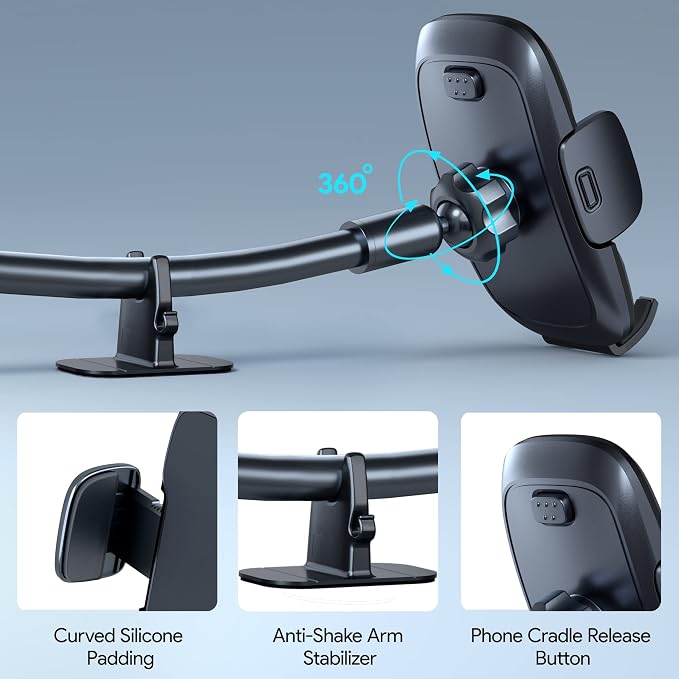Phone Mount for Car [6.2in Flexible Arm] Cell Phone Holder for Windshield Dashboard [Washable Strong Suction] Automotive Accessories Car Mount for iPhone Android Smartphone Universal Cradles