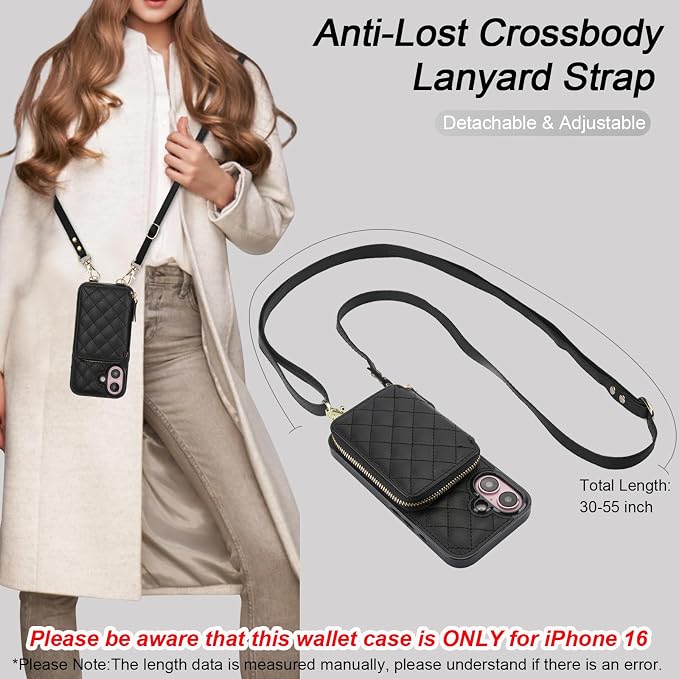 Bocasal Crossbody Wallet Case for iPhone 16, RFID Blocking PU Leather Zipper Handbag Purse Flip Cover, Kickstand Folio Case with Card Slots Holder Wrist Strap Lanyard 5G 6.1 Inch (Black)