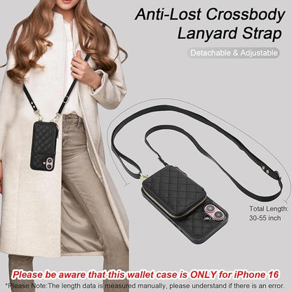 Bocasal Crossbody Wallet Case for iPhone 16, RFID Blocking PU Leather Zipper Handbag Purse Flip Cover, Kickstand Folio Case with Card Slots Holder Wrist Strap Lanyard 5G 6.1 Inch (Black)