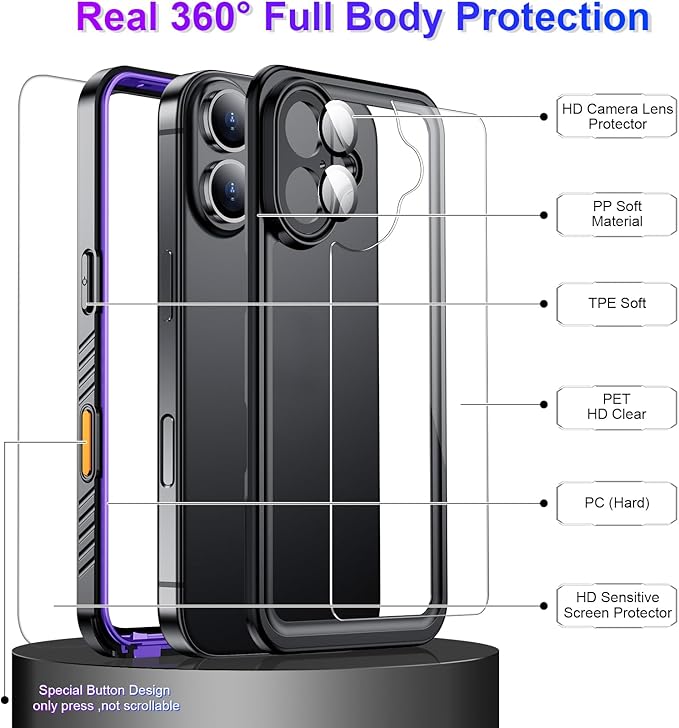 Temdan Compatible with iPhone 16 Case Waterproof, Built-in Screen & Camera Protector IP68 Underwater Full Body 16FT Military Dropproof Shockproof Phone Case 6.1"-Purple/Clear
