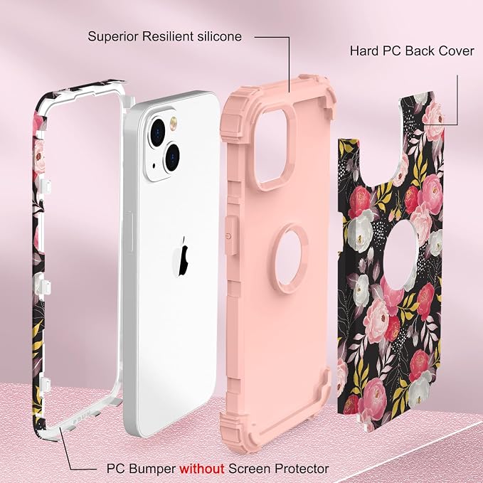 Hocase for iPhone 15 Case, Heavy Duty Shockproof Protection Soft Silicone Rubber Bumper+Hard Plastic Hybrid Protective Case for iPhone 15 (6.1" Display) 2023 - Rose Blossom
