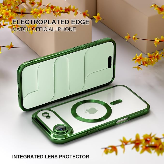 Misea Magnetic for iPhone 17 Air Case Compatible with MagSafe [Never Yellowing] [Military Grade Drop Protection] Full Camera Lens Protector Plating Soft Clear Phone Case for Women, Green
