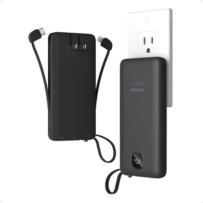TESSAN Portable Charger with Built in Cables, 10000mAh Power Bank Fast Charging with Foldable AC Plug, PD20W Compact Battery Pack Travel Essentials for iPhone 17/16/15 Series, Samsung, Tablets, Black