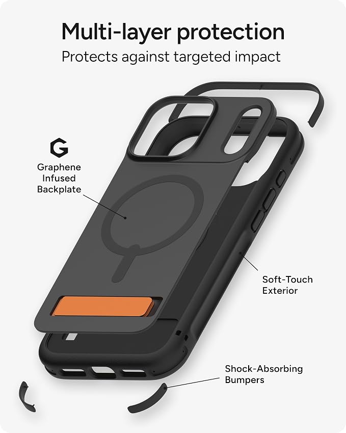 ZAGG Sedona Snap Case with Kickstand for iPhone 17 Pro - Flood Black, Drop Protection (13ft/4m), Multi-Layer Protection, with Camera Button, MagSafe Phone Case with Impact-Absorbing Bumpers