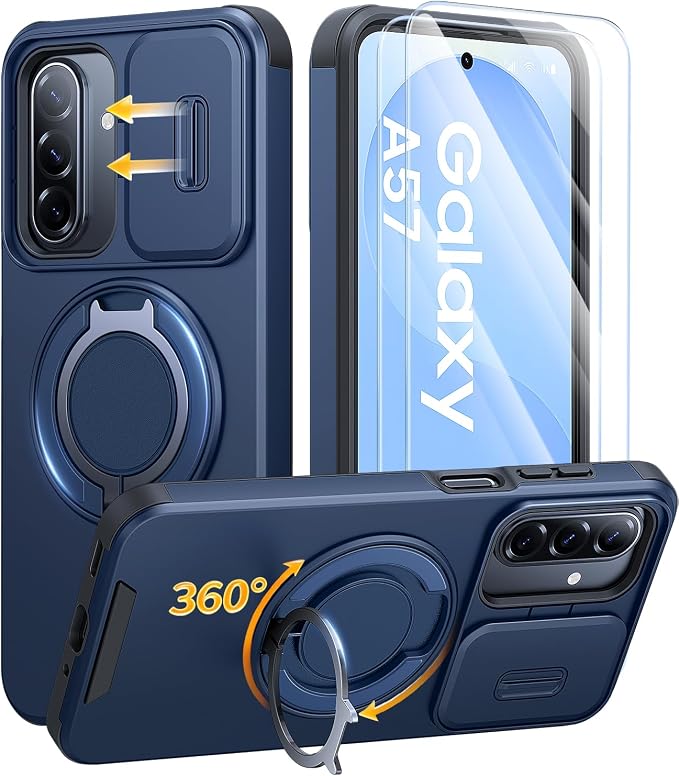 JAME for Samsung Galaxy A57 5G Case, Ring Holder Stand Kickstand, Slide Camera Cover, 2 Screen Protectors, Dual-Layer Shockproof Protective, Magnetic Accessory Friendly Galaxy A57 Phone Case, Blue