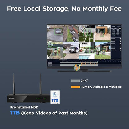 xmartO 4 Dual-Lens Wireless Camera Kit, 8-View WiFi6 Mesh Long Range Security System, 16CH 4K Dual Band NVR, 4MP 180° Static FOV & 360°PTZ AI Tracking, 24/7 Plug-in, 1TB HDD, No Monthly Fee