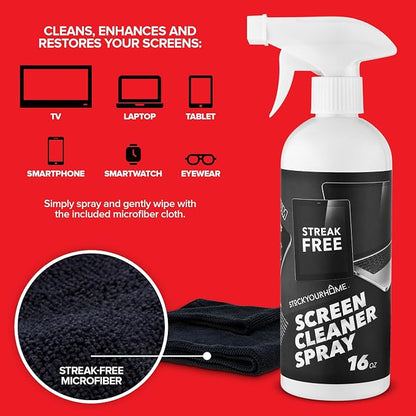 16oz Screen Cleaning Kit with Spray and Micro-Fibre Cloth Wipe (2 Pack) for Car Screens, Computer Screens, Laptops, iPads & Phones; Touchscreen Electronics Cleaner to Erase Dust or Fingerprints
