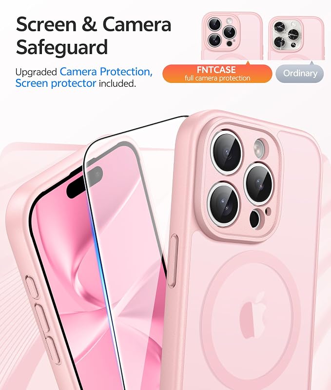 FNTCASE for iPhone 15 Pro Max Case: [Compatible with Magsafe] Translucent Matte Cases with [Full Camera Protection] [Screen Protector] Military Grade Shockproof Protective Phone Cover - Light Pink