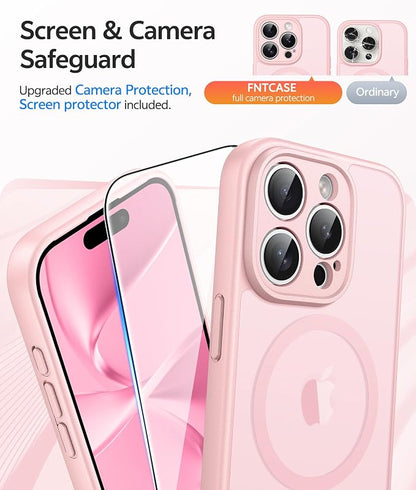 FNTCASE for iPhone 15 Pro Max Case: [Compatible with Magsafe] Translucent Matte Cases with [Full Camera Protection] [Screen Protector] Military Grade Shockproof Protective Phone Cover - Light Pink