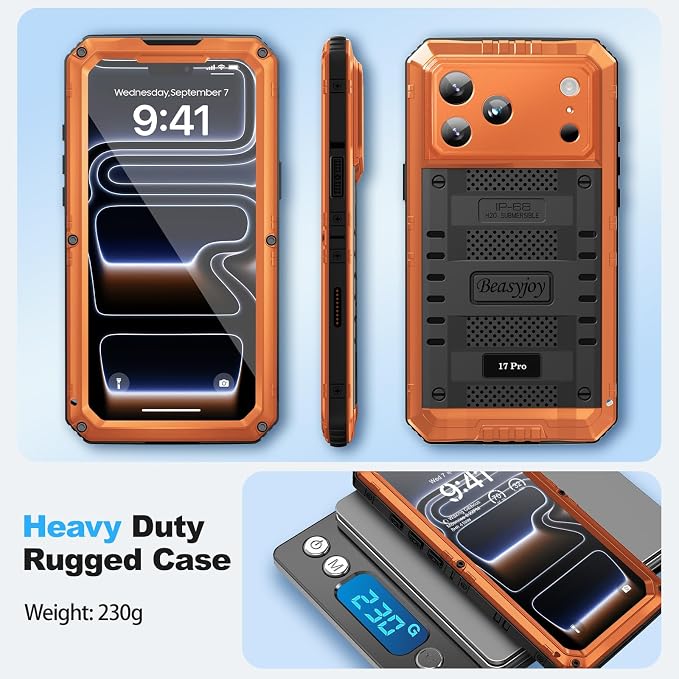 Beasyjoy for iPhone 17 Pro Waterproof Case, Metal Heavy Duty Military Drop Protection, Full Body Shockproof Dustproof Rugged Aluminum Cover with Built-in Screen Protector for Outdoor 6.3", Orange