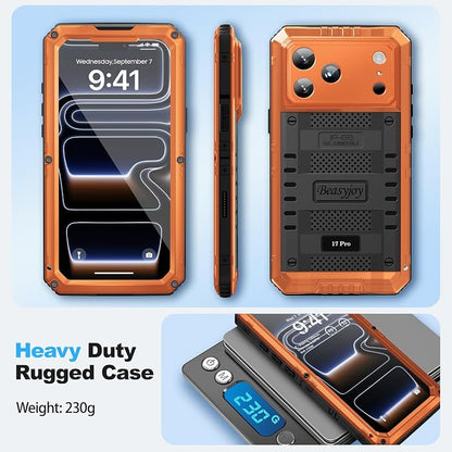 Beasyjoy for iPhone 17 Pro Waterproof Case, Metal Heavy Duty Military Drop Protection, Full Body Shockproof Dustproof Rugged Aluminum Cover with Built-in Screen Protector for Outdoor 6.3", Orange