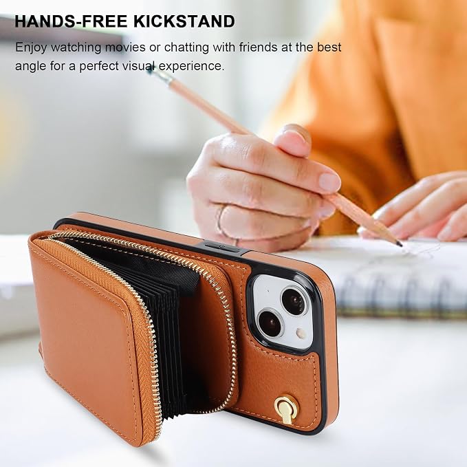 KIHUWEY Crossbody Wallet Case for iPhone 13 iPhone 14, Zipper Pocket Case with Card Holder, PU Leather RFID Blocking Protective Cover Case with Kickstand Detachable Wrist Strap Lanyard 6.1" (Brown)