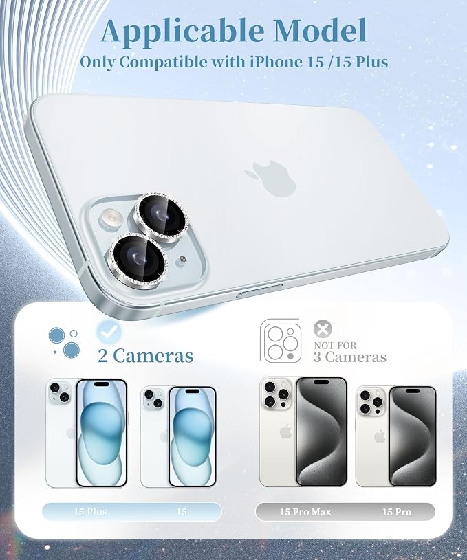 GolbinBox Camera Lens Protector for iPhone 15/15 Plus, 1:1 Invisible Fit, 9H Tempered Glass Ultra HD Metal Individual Camera Cover for Women, Case Friendly, Bling/Silver