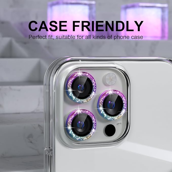 Choiche Compatible for iPhone 16 Pro/iPhone 16 Pro Max Camera Lens Protector Bling, 9H Tempered Glass Camera Cover Screen Protector Metal Ring Decoration Accessories (Glitter-Colorful)