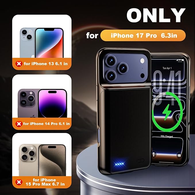2026 Ultra-Slim Battery Case for iPhone 17 Pro (6.3 inch), Charging Case 7000mAh Rechargeable Portable Extended Charger Case Cover w/Tempered-Glass Protector - Black