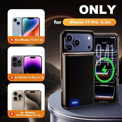 2026 Ultra-Slim Battery Case for iPhone 17 Pro (6.3 inch), Charging Case 7000mAh Rechargeable Portable Extended Charger Case Cover w/Tempered-Glass Protector - Black